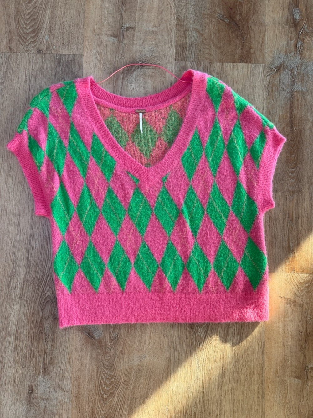 Free People pink  & Green Argyle V-Neck Sweater Vest